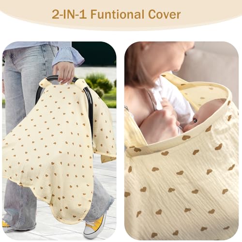 Image of Hooyax 2-in-1 Baby Car Seat Cover & Nursing Cover, 100% Muslin Cotton, Breathable Car Seat Canopy and Privacy Breastfeeding Cover, Tiny Heart