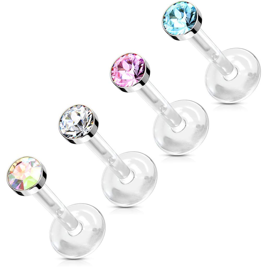 4PC Lot 16G Crystal Accent Push Top Flexible Bar Labret Monroe Piercing Studs