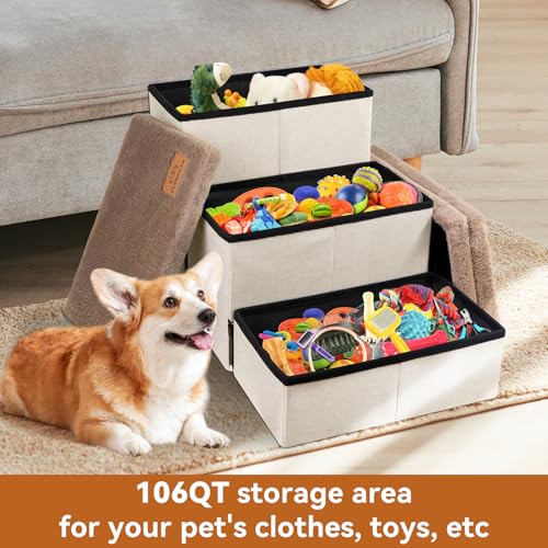 Image of Zerbuger Dog Stairs with Furry Lids 18 inch H, 3-Step Wider Dog Steps with Storage for Small /Medium /Large Old Dogs Cats, Folding Sturdy Pet Stairs Climbing Bed Couch, Ramp for Car Up to 200 lbs, Khaki