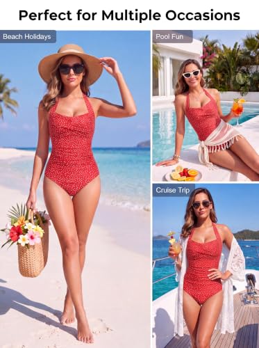 Image of Smismivo Tummy Control Swimwear Halter One Piece Slimming Vintage Retro Swimsuit Womens Ruched Push Up Bathing Suit