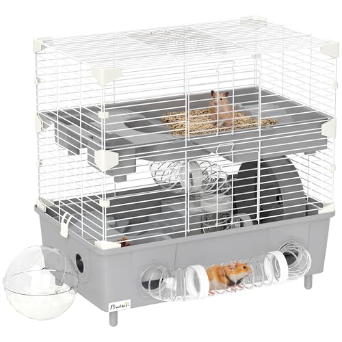 PawHut 2-Tier Hamster Cage, Small Animal Cage with Running Wheel,...
