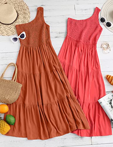 Image of ZESICA Women's 2026 Bohemian Summer Floral Print One Shoulder Sleeveless Smocked Ruffle Tiered Beach Long Midi Dress