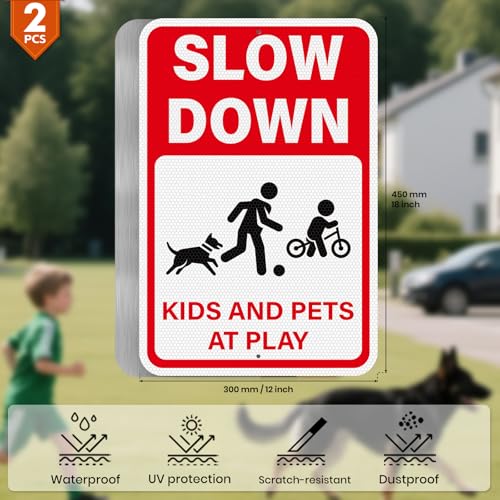 2 pack slow down signs kids and pets at play warning sign 18 x 12 inches high reflective weatherproof aluminum safety alert signage with pre-drilled holes for street driveway neighborhood