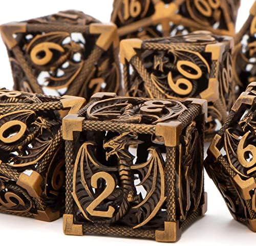 KERWELLSI Metal Hollow DND Dice Set with Box, Ancient Dungeons and Dragons Dice Set D&D, Polyhedral Role Playing Dice, D and D RPG Dice D20 D12 D10 D8 D6 D4