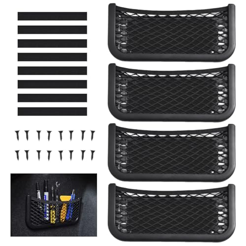 Zyiphor 4 Piezas Red Maletero de Coche Asiento 26x12 cm Red de Almacenamiento, Fijación con Correa Elástica, Organizador para Almacenamiento con Tornillo, para Coche, Autocaravana, Camión (Negro)