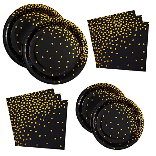 Aneco 98 piezas negro con lunares dorados suministros fiesta vajilla platos de papel y servilletas para graduación, cumpleaños, fiesta para 24 invitados