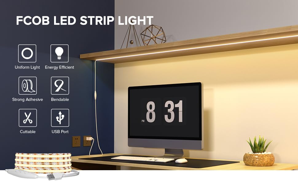 Image of USB LED Light Strip 6.56FT, 5 Volt USB Powered Dimmable COB LED Tape Lights, 3000K Warm White 8mm High Density Flexible Strips CRI90+ for TV Backlight Under Cabinet Lighting Bedroom Kitchen