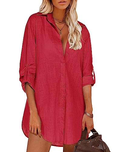 Image of HOTOUCH Women Boyfriend Shirts Button Down Long Sleeve Blouse Cuffed Sleeve Collared Shirt