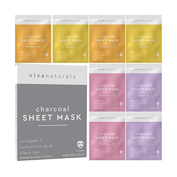 Face-Masks-Skincare-Facial-Mask-with-Collagen-Hyaluronic-Acid-for-Glowing-Skin-Dermatologist-Tested-Charcoal-Face-Mask-for-Moisturizing-Brightening-8-Sheet-Masks Viva Naturals Charcoal Face Mask Set (8 Pack) - Collagen & Hyaluronic Acid Face Mask for Skin Care - Moisturize and Brighten with 4 Varieties of Facial Sheet Mask