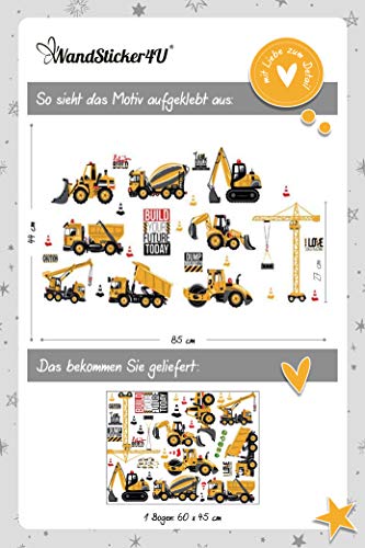 WandSticker4U®- Wandtattoo BAGGER Kinder I Wandbilder: 85x44 cm I Wandsticker Kinderzimmer Junge Baustelle Baumaschinen Traktor Fahrzeuge LKW Auto Aufkleber I Wand Deko für Jungenzimmer - Image 8