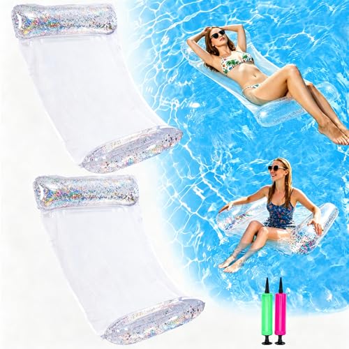 Cyfie Colchoneta Piscina, Set De 2 Hamaca Inflable, Hamaca De Agua Para Adultos, 4 En 1 Flotadores Hinchables Para Piscina, Tumbona Flotante De Agua Con 2 Bomba De Aire, Transparente
