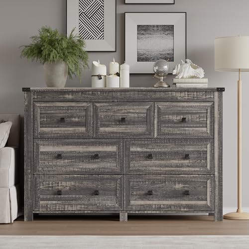 Image of BORNOON 7-Drawer Dresser, Modern Wooden Storage Chest of Drawers, Dresser TV Stand, Wood Drawer Organizer with Metal Handles for Bedroom, Living Room, Hallway