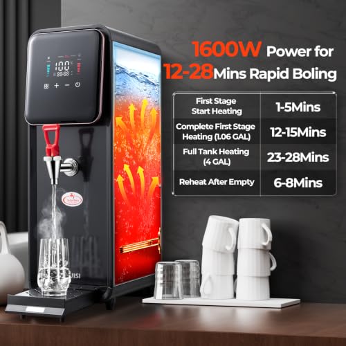 Image of 15L /4Gal Hot Water Dispenser, 1600W Commercial Hot Water Boiler, 60L(13Gal) /H Large Hot Beverage Dispenser with 304 Stainless Steel Inner, HD LED Screen for Hotels, Restaurants, Bars
