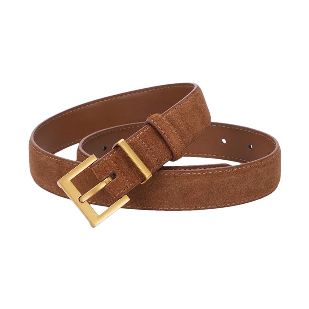 Women’S Elegant Double Genuine Leather Belt Stylish Cowhide Suede Belts With Square Alloy Buckle For Dresses And Jeans