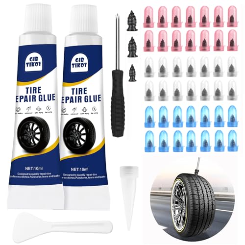 42PCS Tire Repair Rubber Nails Screws Kit with 2 Tubes Black Tire Sealant Glue & Screwdriver 3 Sizes Universal Screw-in Tire Repair Plugs Puncture Fix Tools for Car Motorcycle Truck ATV RV Tractor