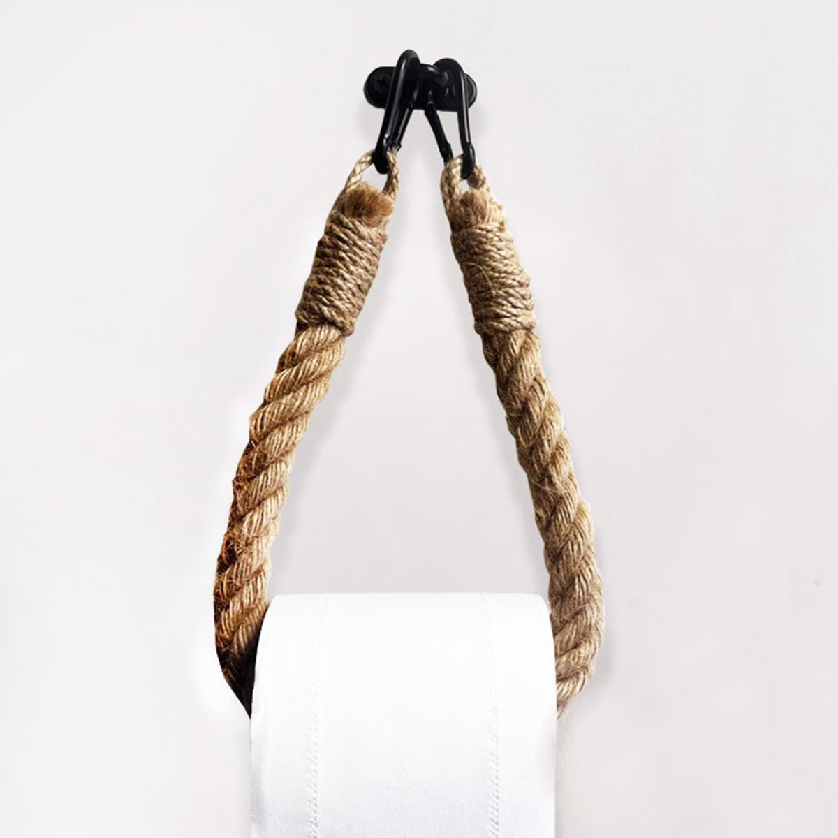 Rope Roll Paper Towel Holder,Decorative Curtain Holdback with Cat's Paw Wood Hook,Rope Towel Rack for House Cabin Camper Farmhouse Decor,9.4" Length (Metal Black)