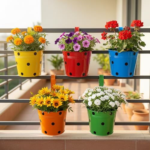 Image of Urban Plant Railing Hanging Metal Planter Pot | Gamla for Balcony | Bucket Planter for Home Decor | Pot for Indoor & Outdoor - Pack of 5 (Dotted)