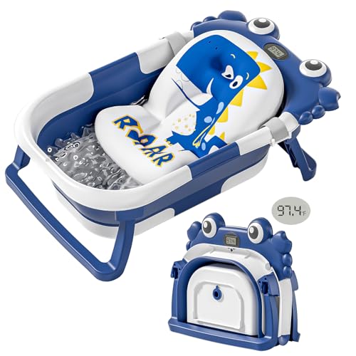 Image of Collapsible Baby Bathtub for Newborns with Thermometer and Soft Floating Cushion Portable and Foldable Travel Baby Boy Bath Tub for Infants to Toddler 0-36 Month (Navyblue)