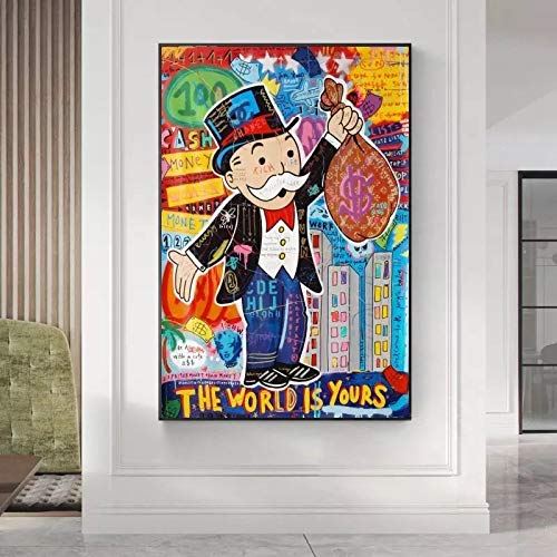 YuFeng Art Inn Modern Wall Poster Art Print Oil Painting on Canvas Home Decor Wall Decoration Canvas Art Alec Monopoly Graffiti Art Money Paintings on The Wall Art Canvas Posters and Prints The World is Yours Modern Home Pictures (Unframed-No Framed,24×36inch)