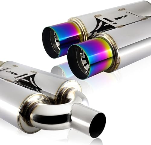 Miniatura 4 de Q1-TECH, silenciador universal de 2.5 pulgadas de entrada y salida de 3.5 pulgadas, doble escape arco iris, punta quemada, acero inoxidable,