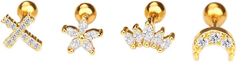 Flower Cross Moon 16g Ear Cartilage Helix Surgical Stainless Steel Cubic Zirconia Studs Cartilage Earrings Huggie Screw Backs Ear Tragus Auricle Nose Lip Piercing Jewelry Set Gifts for Best Friend