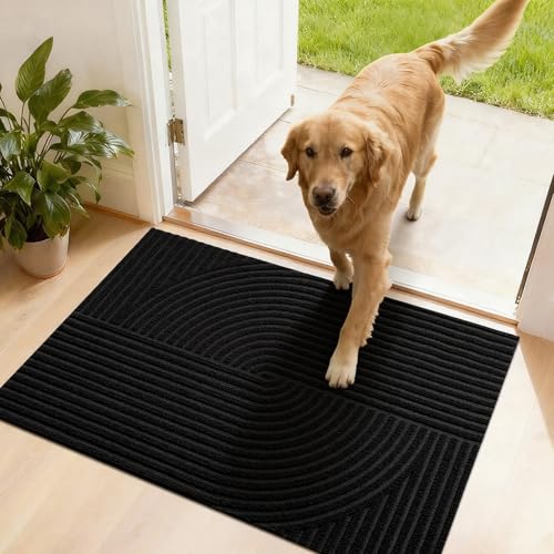 FEOMOS Schmutzfangmatte Innen Außen 50x80cm, rutschfeste Fußmatte mit Saugkraft, Fussmatte Waschbar Langlebig für Haustür, Flur, Balkon, Küche - Schwarz