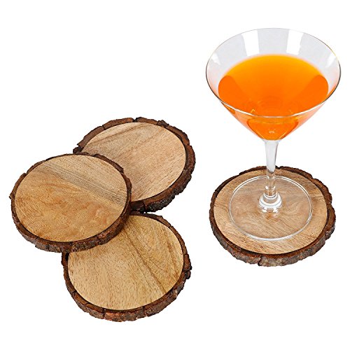 Image of Handmade Large Natural Mango Tree Wooden Bark Coasters with Hemp Tie - 3.5 inch, Brown - Set of 4