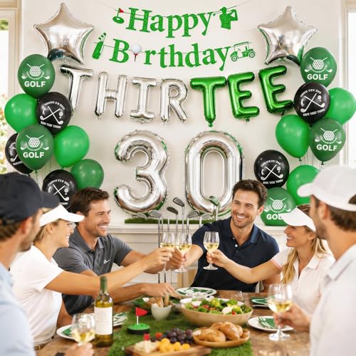 Image of 30th Golf Birthday Decorations for Men 30th Party Decorations for Him | Golf Print Balloons Happy Birthday Banner THIR-TEE Banner 30 Foil Balloons for Men Thirty Birthday Decor