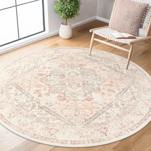 Image of LIVEBOX Washable Peachy Pink Rug 5ft - Medallion Vintage Circle Rugs for Bedroom, Low-Pile Tribal Print Carpet for Nursery, Non-Slid Distress Floral Circular Rug for Living Room Kid's Room Entryway