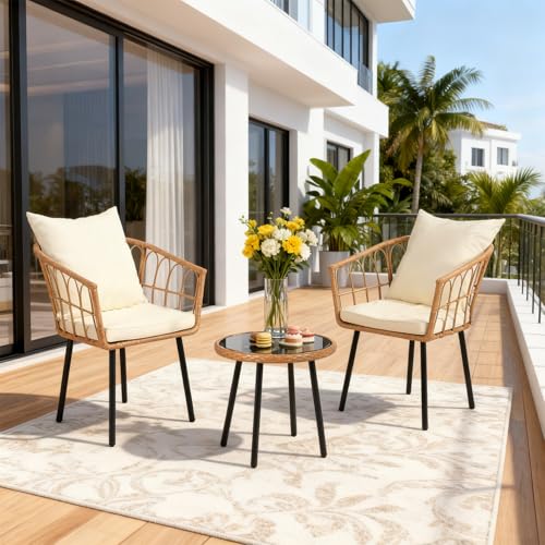 Image of PayLessHere 3 Piece Patio Bistro Set, Outdoor Wicker Apartment Balcony Furniture Sets, All-Weather Rattan Balcony Furniture Set for Patio Front Porch Apartment, Beige