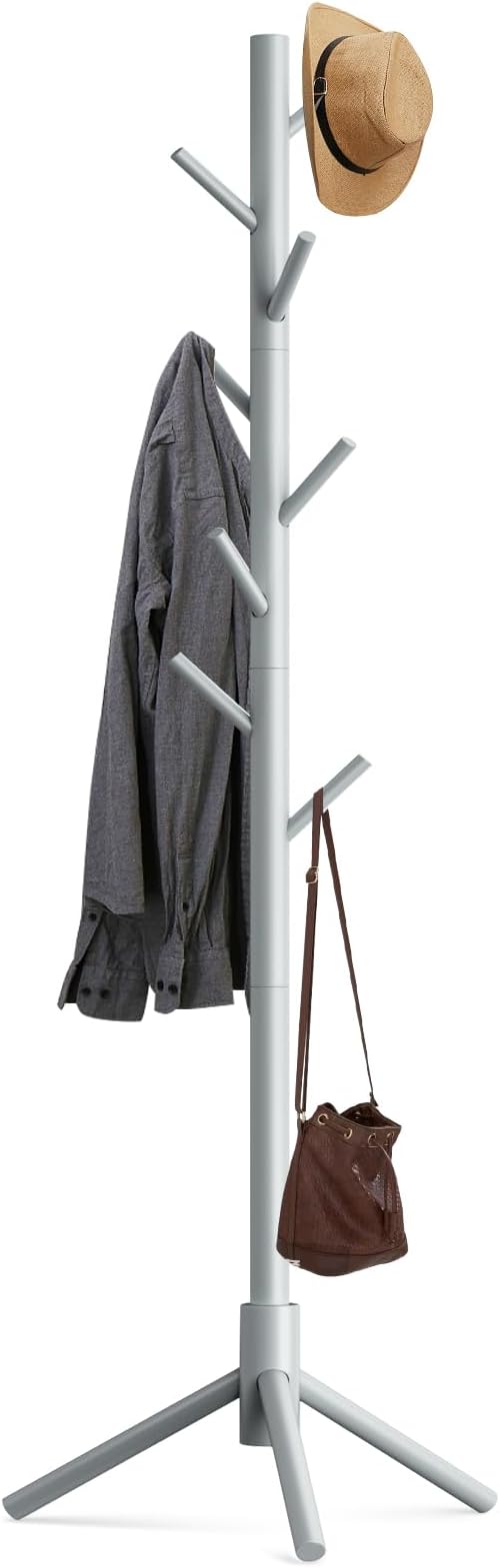 Buymoth Coat Rack, Wooden Coat Rack Stand with 3 Heights & 8 Hooks for Clothes/Bags/Hats, Suitable for Home/Office/Entryway/Hallway, Grey