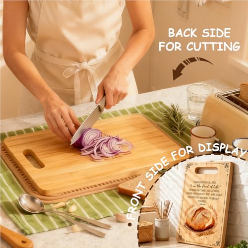 Tabla de corte rústica para pan con versículo bíblico Juan 6:35, regalos cristianos para mujeres y hombres, tablas de bambú reversibles para cocina miniatura 2