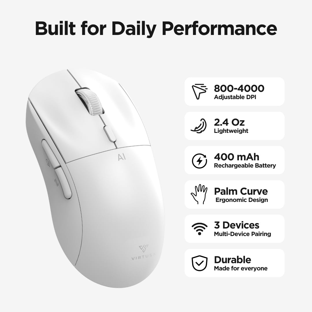 Virtusx AI-Maus, Jethro V1, Powered by ChatGPT & DeepSeek zentralisierte KI-Software, KI-Schreibwerkzeuge, Sprachtippen, Transkribieren, Übersetzen und Zusammenfassen (weiß)