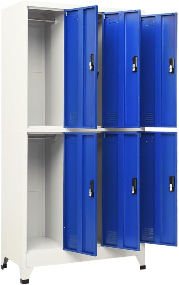 Grey and Blue Steel Medium Locker Cabinet with 6 Compartments and Secure Cam Locks for Office Locker Storage Organization