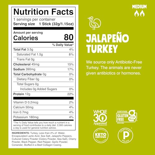 Image of Chomps Jalapeno Turkey Jerky Meat Snack Sticks 24-Pack - Keto, Paleo, Low Carb, Whole30, 12g Lean Meat Protein, Gluten and Antibiotic Free, Zero Sugar
