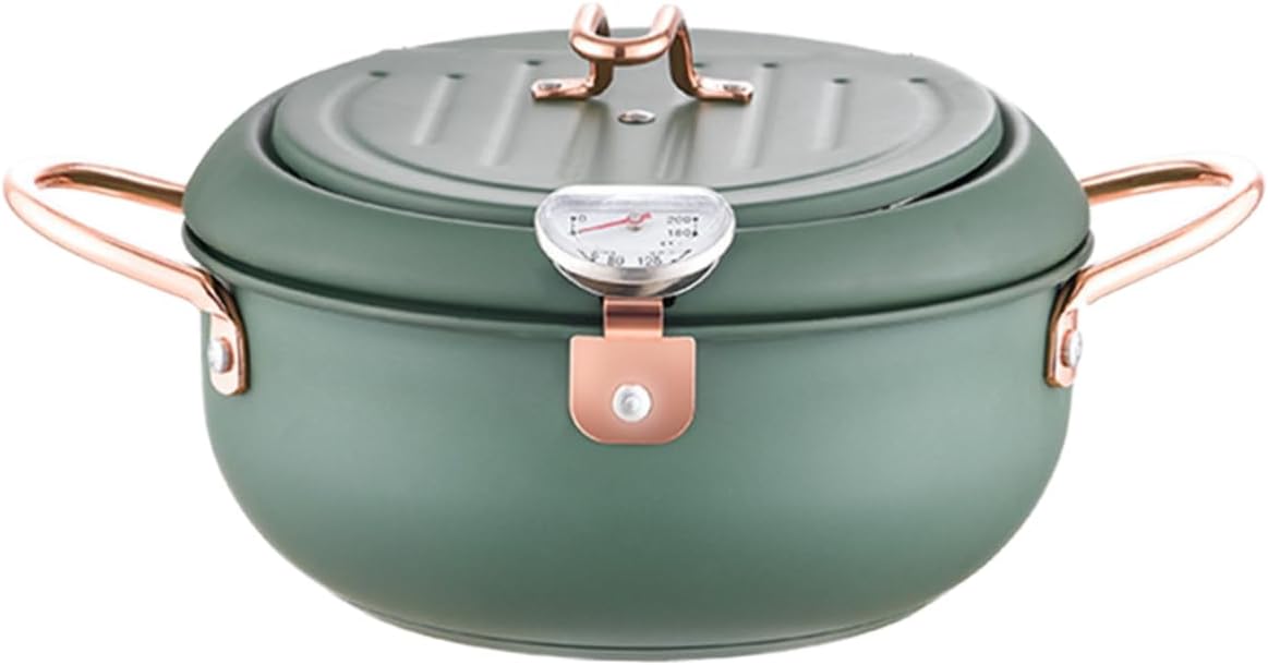 Garneck Tempura Frying Pot Stainless Steel Deep Fryer Pan with Thermometer Oil Strainer for Safe Temperature Control Multifunctional Fry Pan for Kitchen and Home Cooking