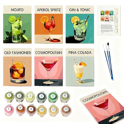 GNHG 6 Pezzi Dipingere Con i Numeri Adulti,Paint By Numbers,Dipingere Con I Numeri Cocktail Retrò,Paint By Numer Kit Per Cocktail,Kit Pittura Adulti Pour Décoration Murale