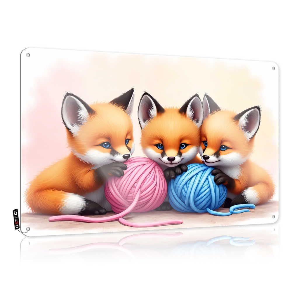 Tin Wall Decor Adorable Haves Nice Three Cute Foxes Playing With Colorful Yarn - Vintage Wall Decor For Slow(20X30CM)