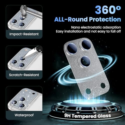 Image of Uyiton for iPhone 17-Pro Camera-Lens Protector: Bling [Not Easy to Break][Strong Adsorption][Case-Friendly] Metal Tempered Glass Rear Camera Screen Cover - Glitter Silver