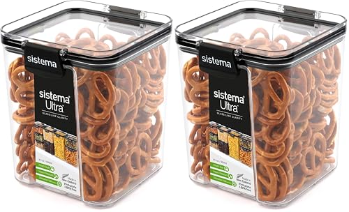 Sistema Ultra Tritan Airtight Pantry Storage Container | 920 ml Square Food Storage Container | Stackable | with Locking Clips | BPA-Free | Clear with Black Accents (Pack of 2)