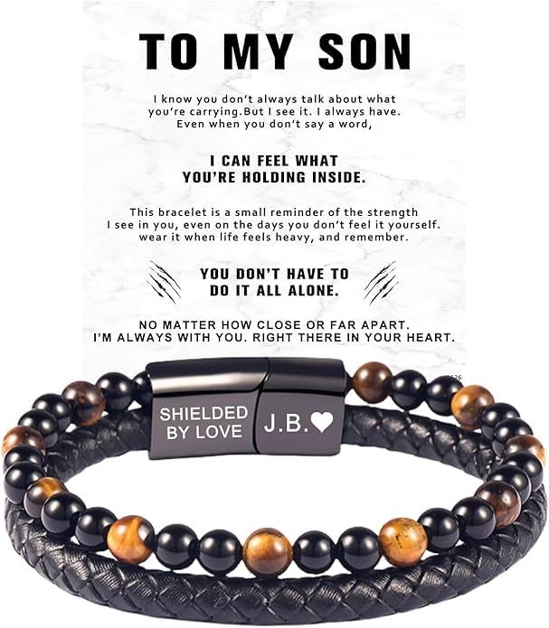 ziella The Guardian Son's Bracelet With Protection Tiger Eye,To My Son Bracelet From Mom,Black Leath Beaded For Son Jewelry Gift