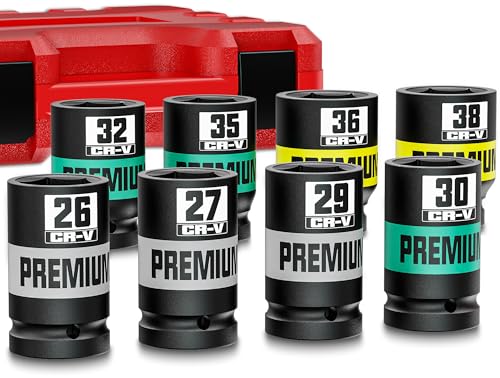 Image of 8 Piece 3 /4 inch Drive Impact Socket Set, Metric Axle Nut Sockets, 26-38mm Thicker Jumbo Sockets, Socket Set, 6 Point, Cr-V, Vehicle and Apparatus Maintenance