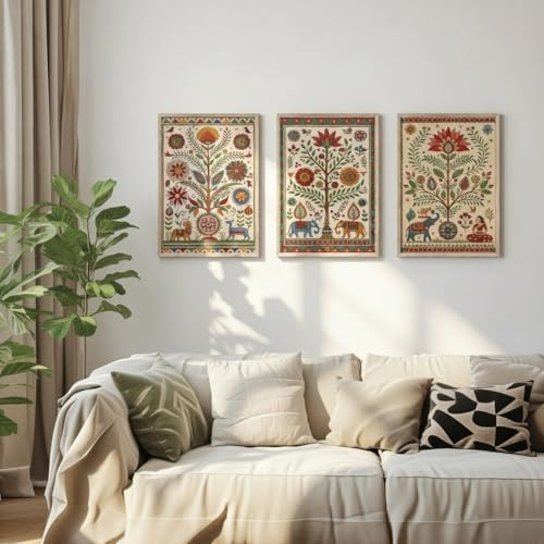 Image of Livin'luxe Indian Folk Art Floral Wall Painting Set of 3 with Wooden color Frames | Traditional Ethnic Artwork HD Sparkle Laminated Wall Decor | Boho Botanical Wall Art for Living Room Bedroom Decor