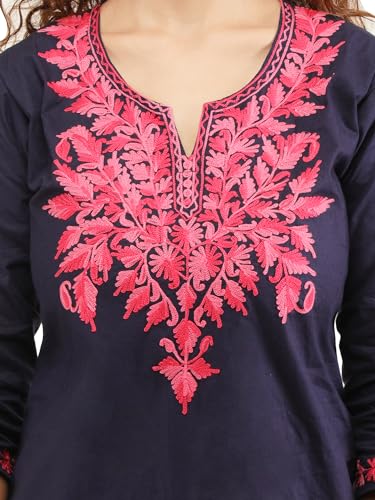 Image of QAZMI Women's Rayon Cotton Straight Keyhole Neck Three-Quarter Sleeves Kashmiri Embroidery Kurti