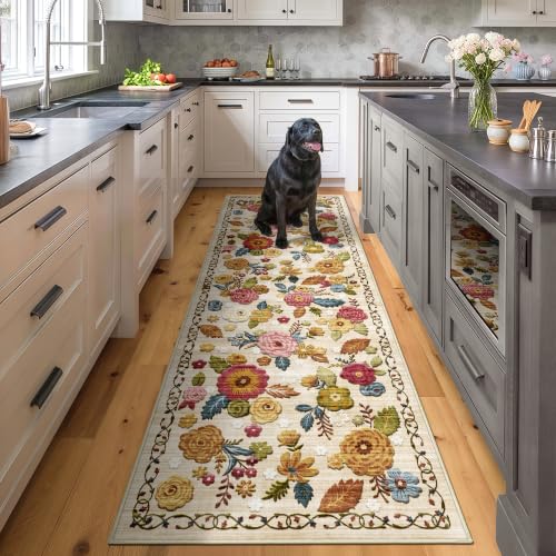 Washable 2x6 Runner Rug, Beige Boho Floral Non-Slip for Hallway, Kitchen