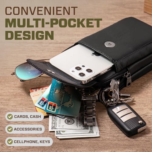 Hengwin Multifunctional Genuine Leather Double Zip Bags Men Vintage Look Shoulder Bag Mobile Phone Belt Bag Phone Holster for Travel Outdoor Activities (Black) - Image 3