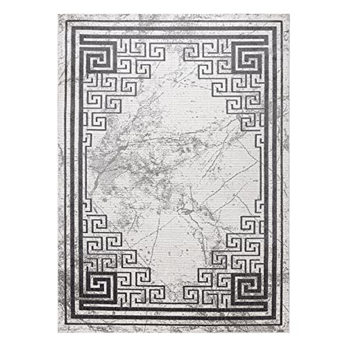 Tapis moderne noble effet marbre et finitions grecques gris