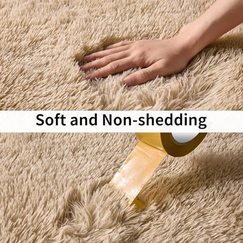 Image of Luxury Shaggy Carpet Solid Plain Fluffy Fur Rectangular Rugs for Bedroom Living Room 2X5 Feet Microfiber & Polyster Modern Interior Carpet for Home Floor Mat Beige