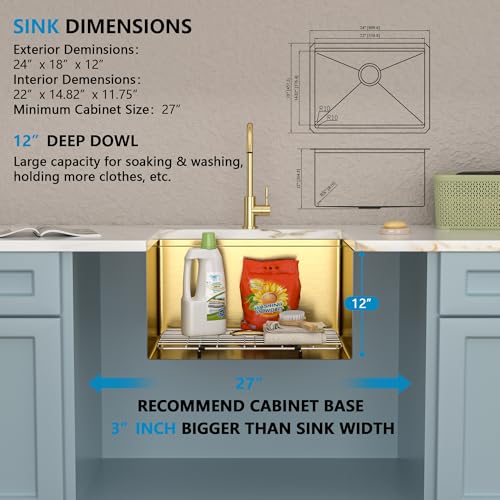 Image of 24 inchx18 inch Undermount Laundry Utility Sink Workstation - Brushed Gold NANO-PVD, 16 Gauge 304 Stainless Steel, 12 Inch Deep Single Bowl Basin for Laundry Room, RV or Utility Use
