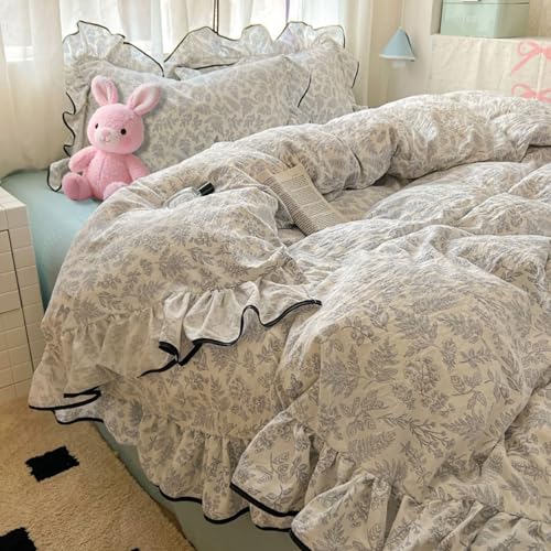 Mesnt Juego de ropa de cama de 4 piezas, tamaño Queen, patrón de hojas con ribete de volantes, funda de edredón, sábana bajera y 2 fundas de almohada, poliéster, gris claro, estilo 1, 1,8 m - 200 x